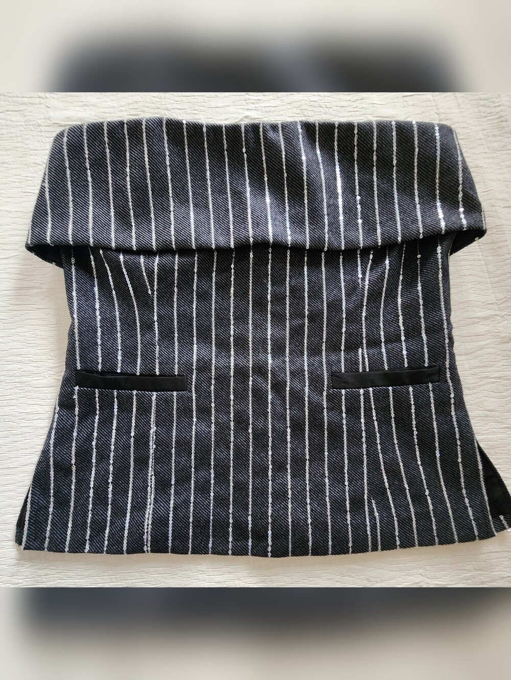 bebe Pinstripe Sequin Strapless Fold-Over Corset Top 6